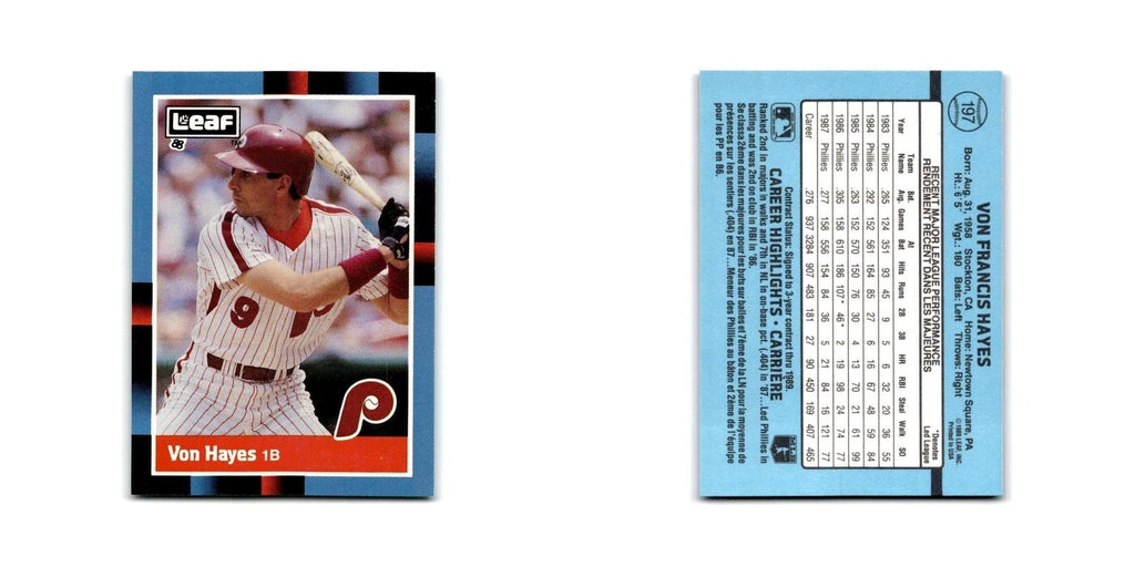 Von Hayes 1988 Leaf #197 Philadelphia Phillies Baseball Card NM