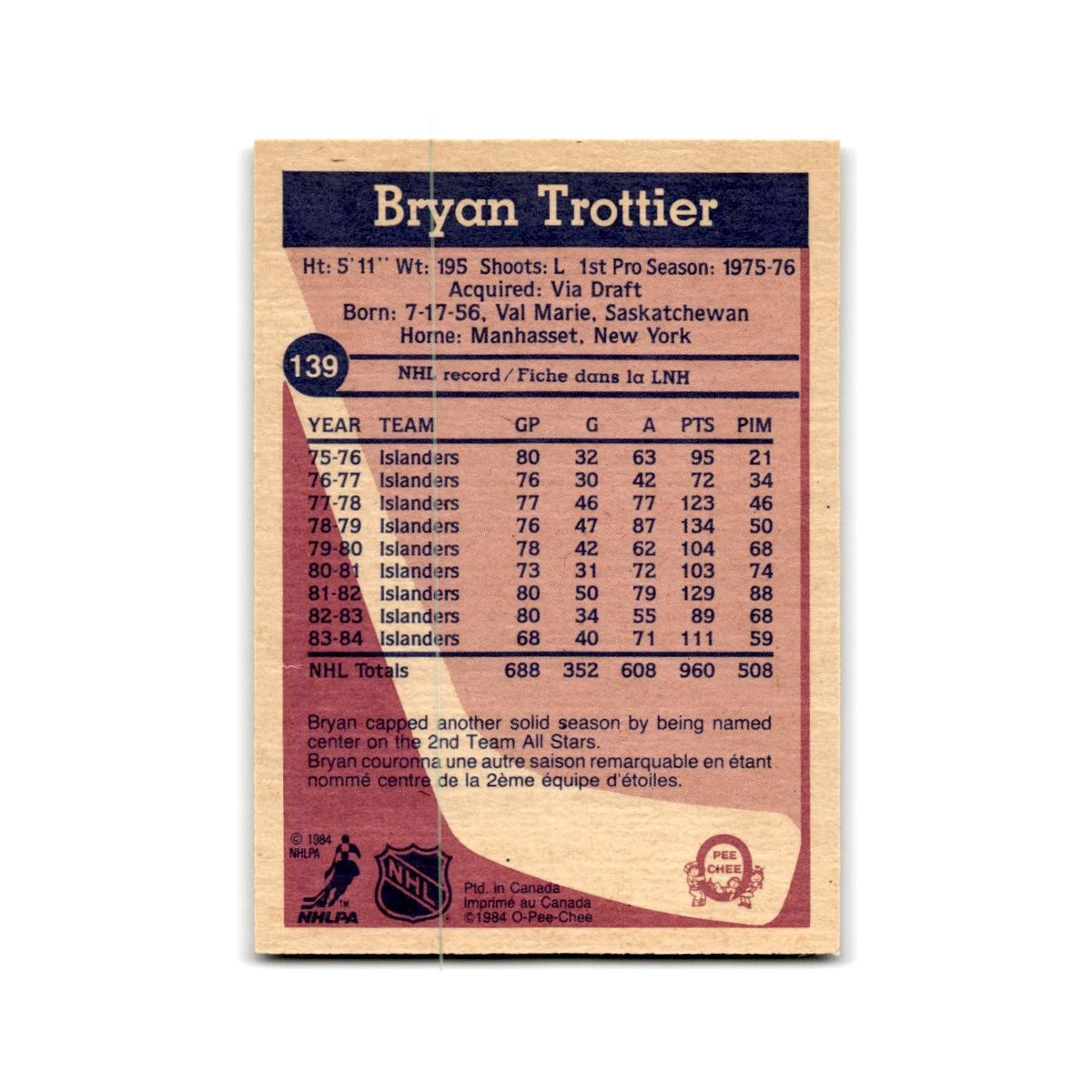 1984 O-Pee-Chee Bryan Trottier New York Islanders #139