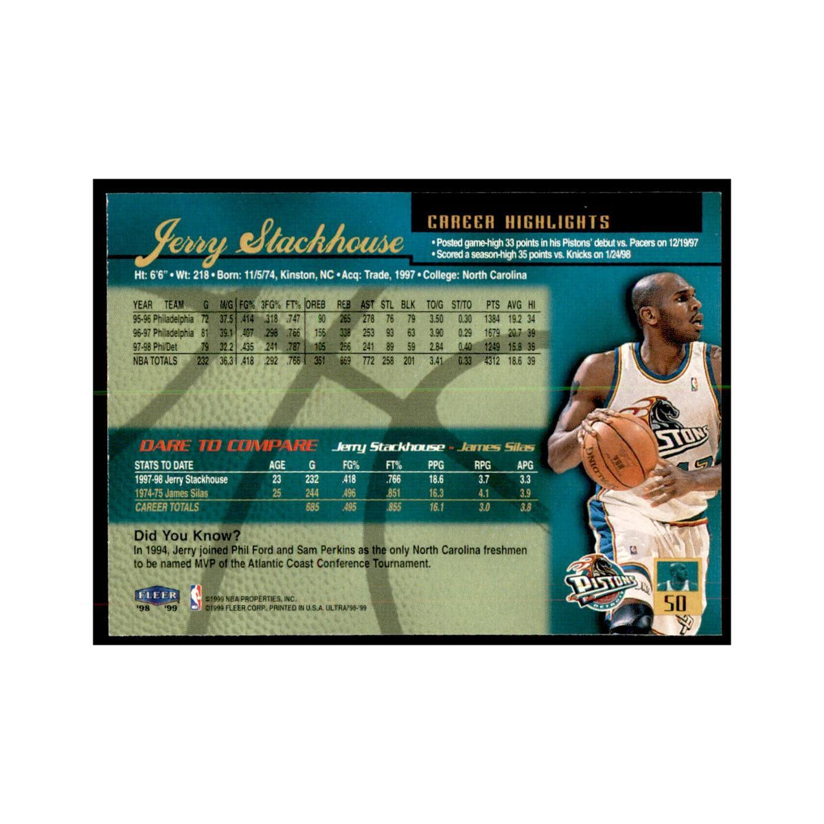 1998 Fleer Ultra Jerry Stackhouse Basketball Cards #50.0