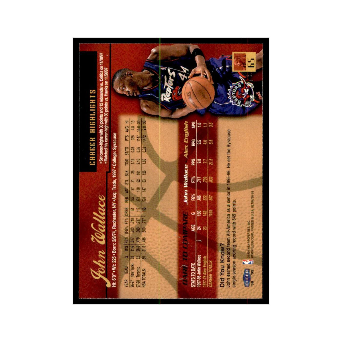 1998 Fleer Ultra John Wallace Basketball Cards #65.0