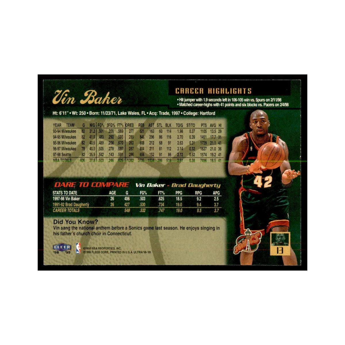 1998 Fleer Ultra Vin Baker Basketball Cards #13.0
