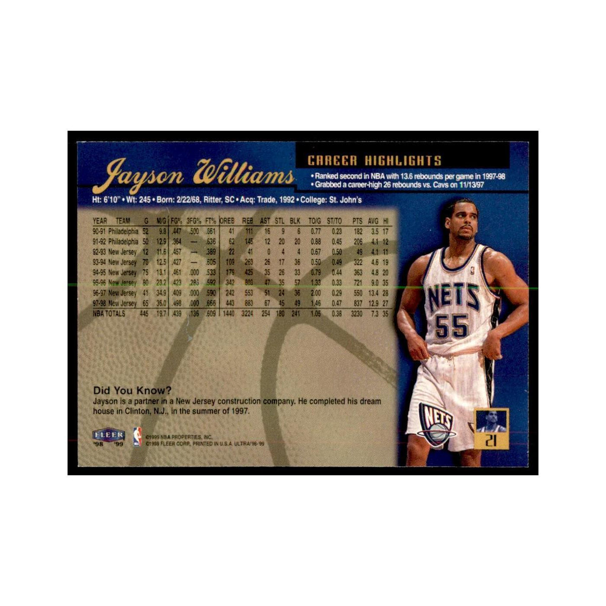 1998 Fleer Ultra Jayson Williams Basketball Cards #99.0