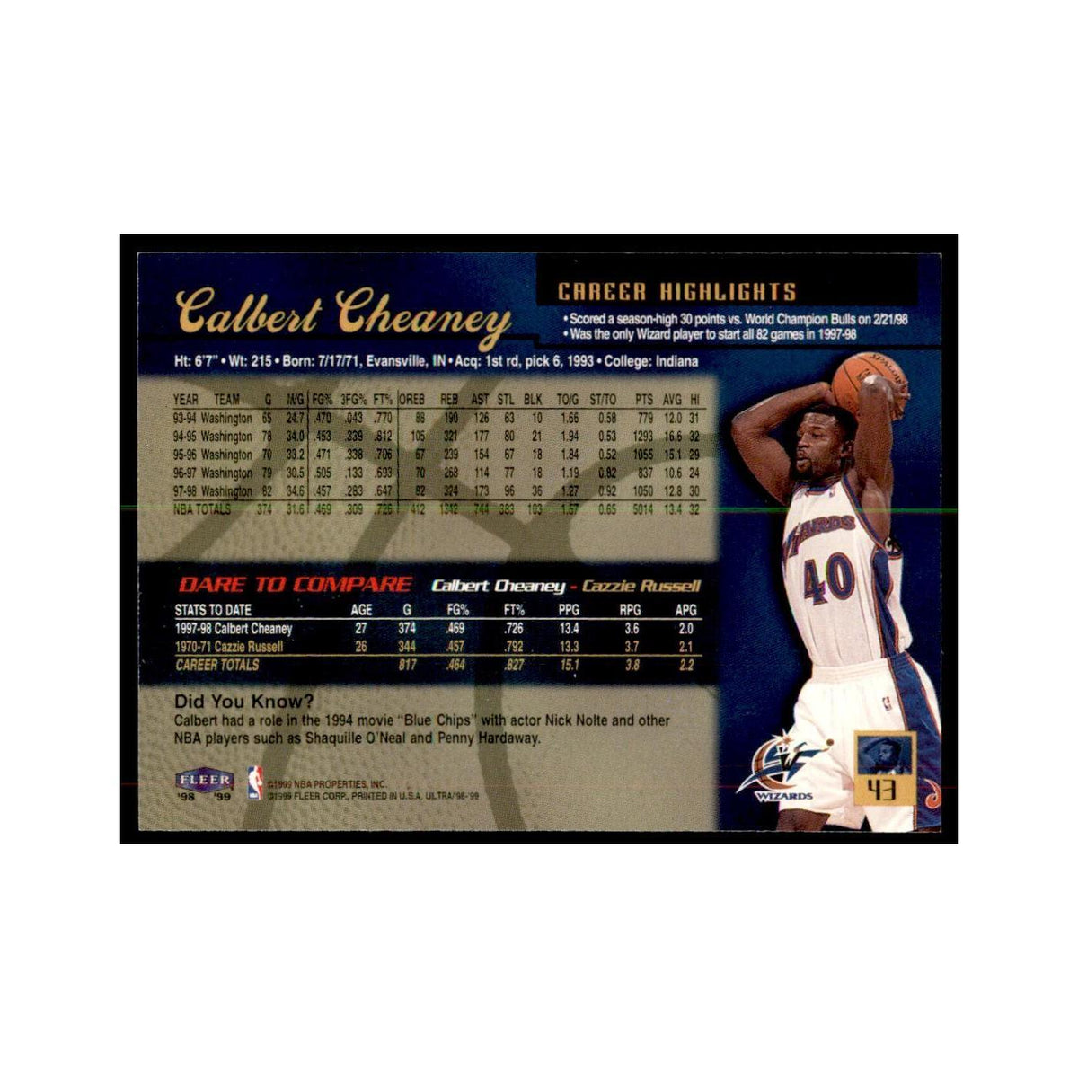 1998 Fleer Ultra Calbert Cheaney Basketball Cards #43.0