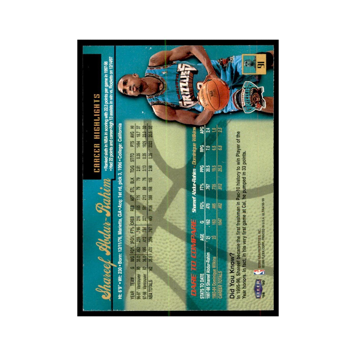 1998 Fleer Ultra Shareef Abdur-Rahim Basketball Cards #91.0