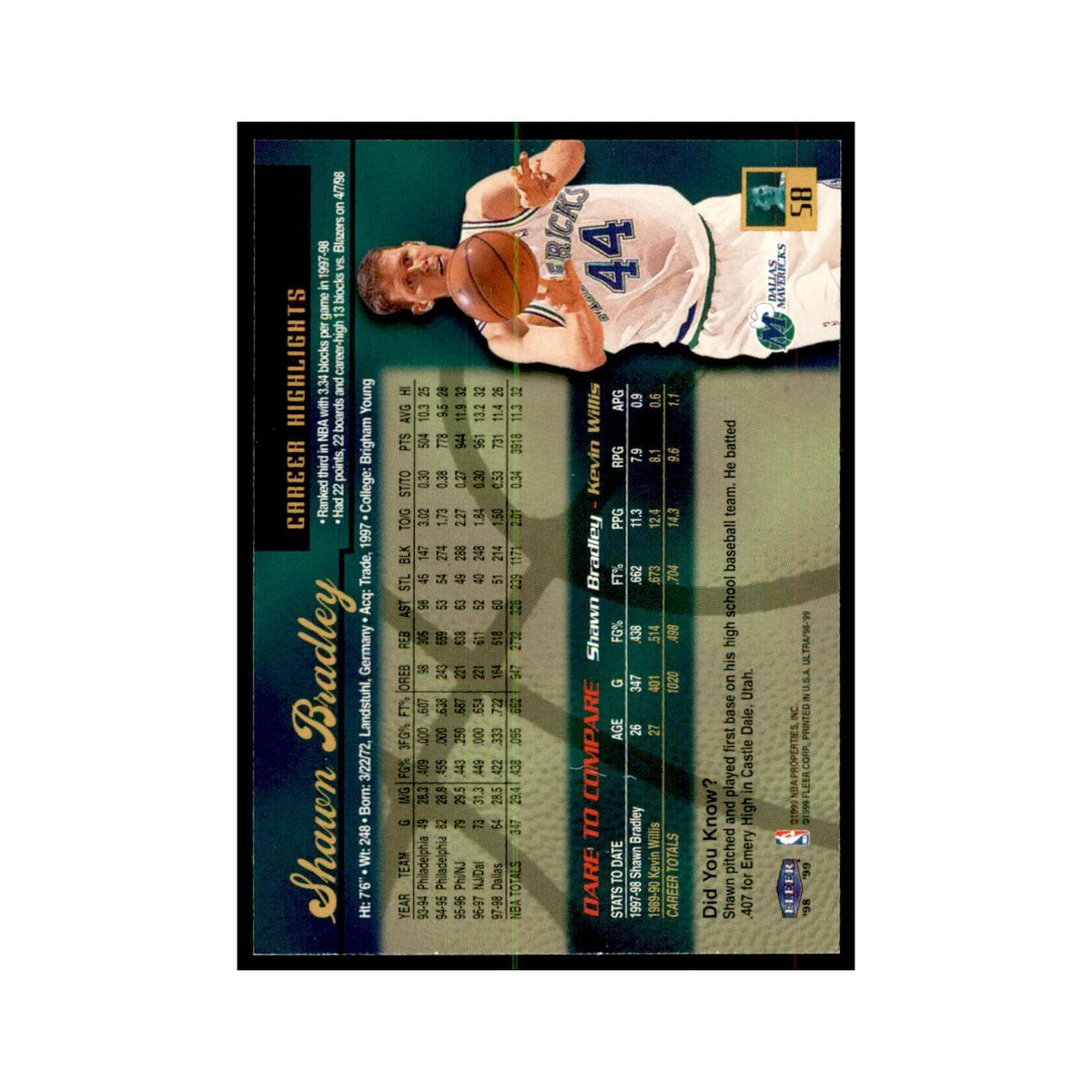 1998 Fleer Ultra Shawn Bradley Basketball Cards #58.0