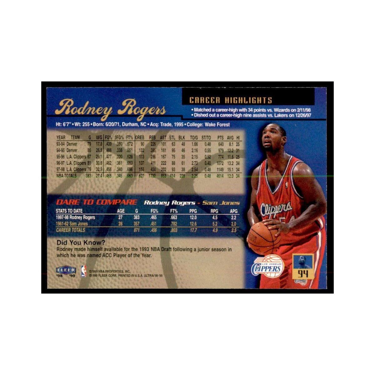 1998 Fleer Ultra Rodney Rogers Basketball Cards #94.0