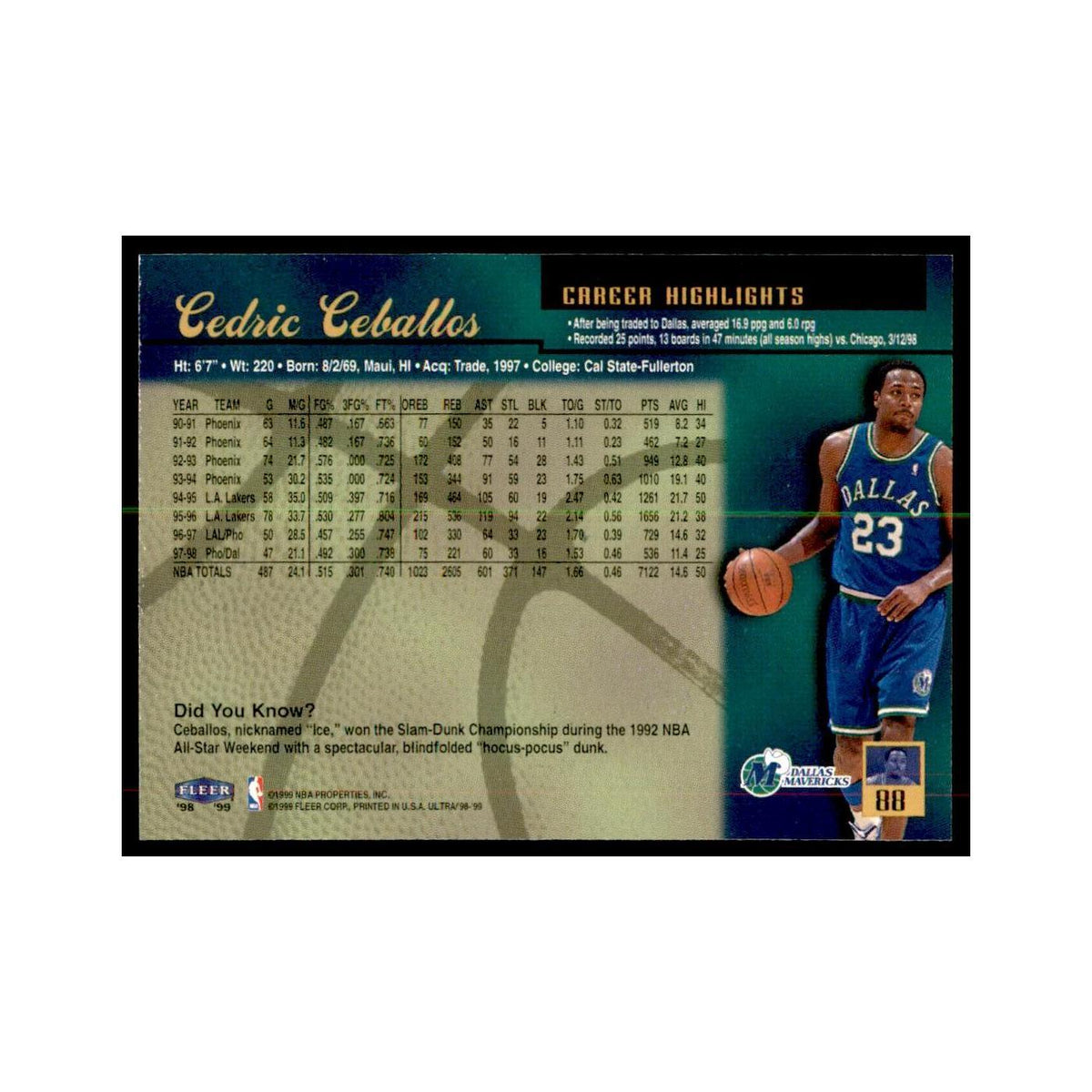1998 Fleer Ultra Cedric Ceballos Basketball Cards #88.0