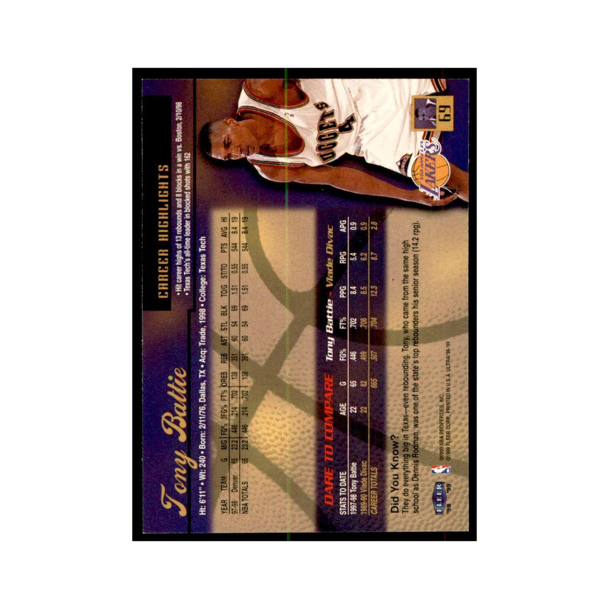 1998 Fleer Ultra Tony Battie Basketball Cards #69.0