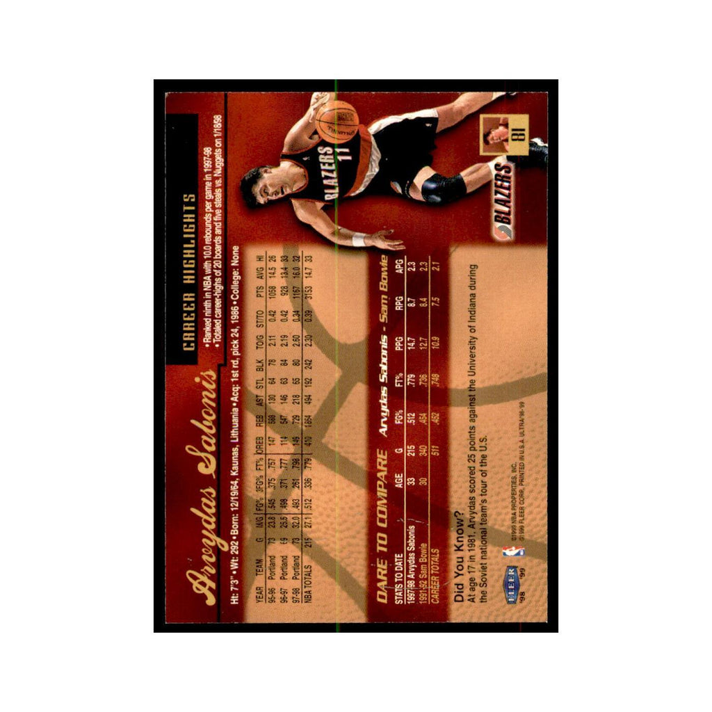 1998 Fleer Ultra Arvydas Sabonis Basketball Cards #81.0