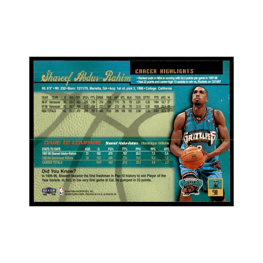 1998 Fleer Ultra Shareef Abdur-Rahim Basketball Cards #91.0