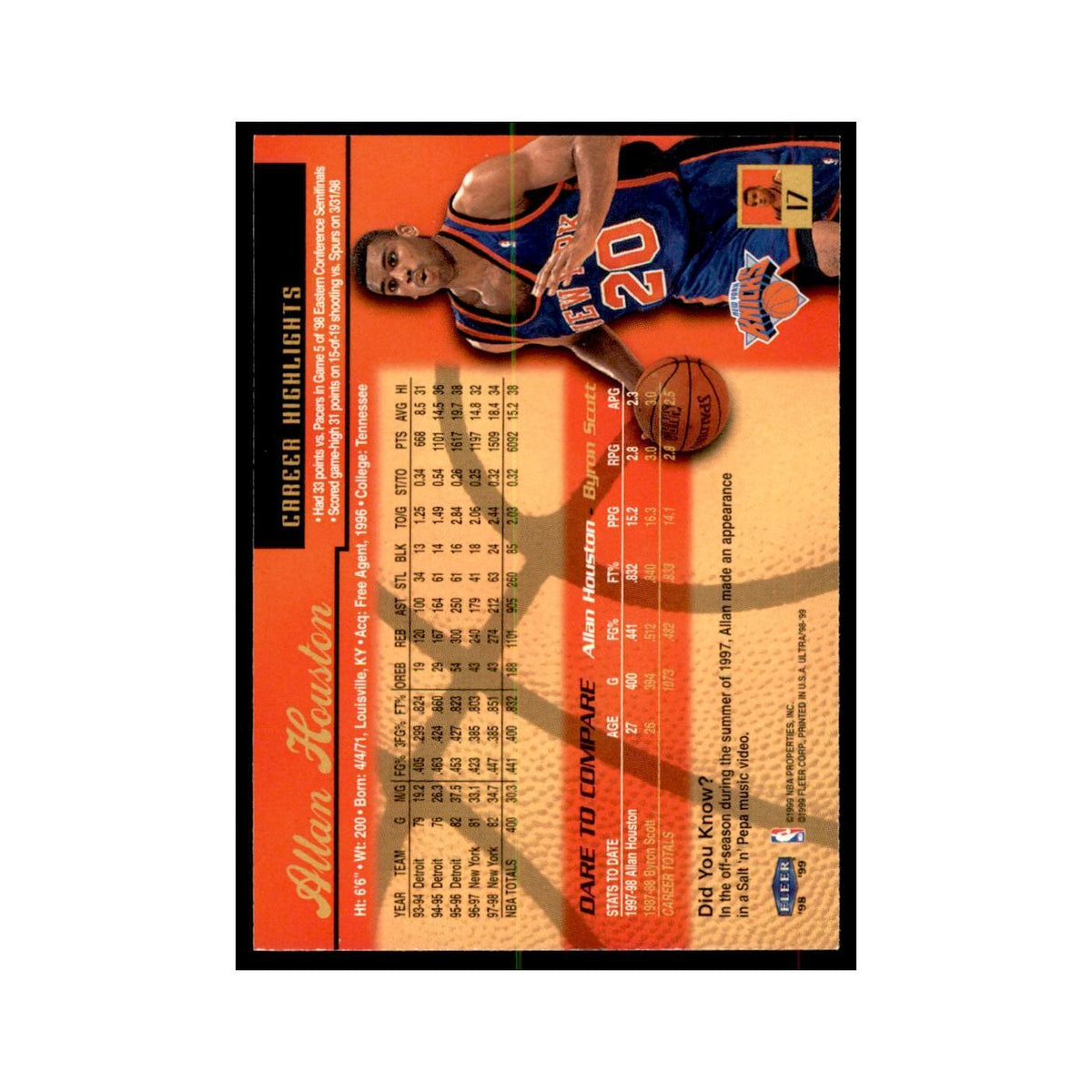 1998 Fleer Ultra Allan Houston Basketball Cards #17.0