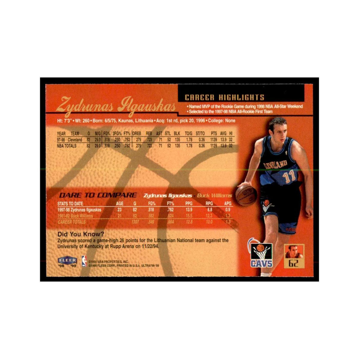 1998 Fleer Ultra Zydrunas Ilgauskas Basketball Cards #62.0