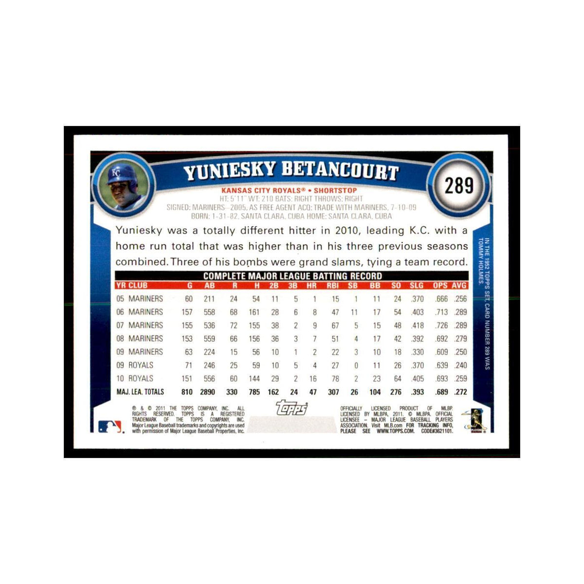 2011 Topps Yuniesky Betancourt Baseball Cards #289
