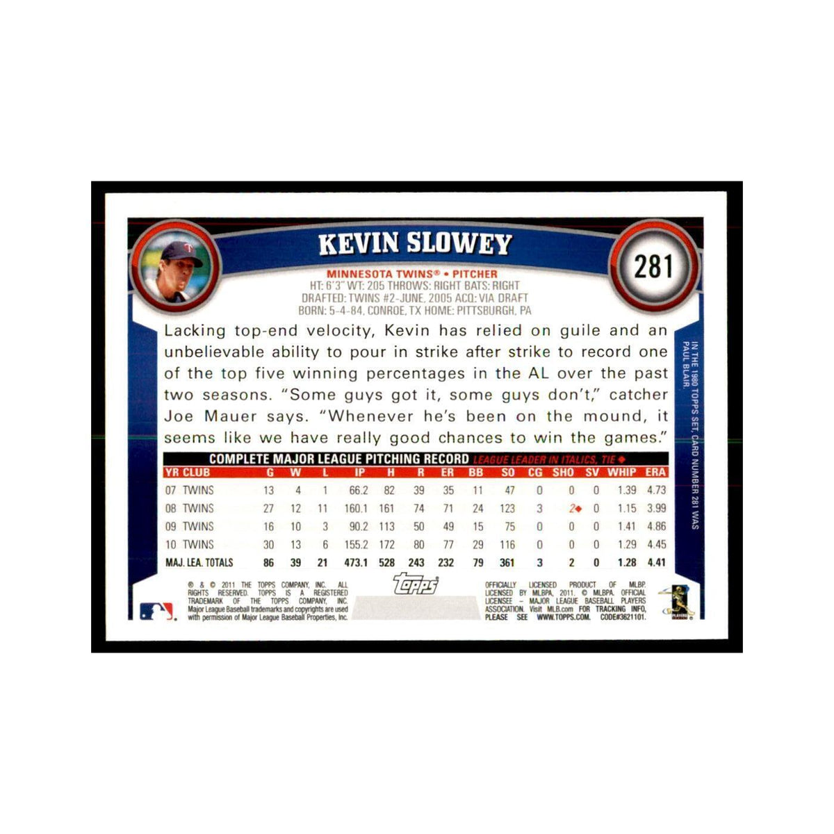 2011 Topps Kevin Slowey Baseball Cards #281