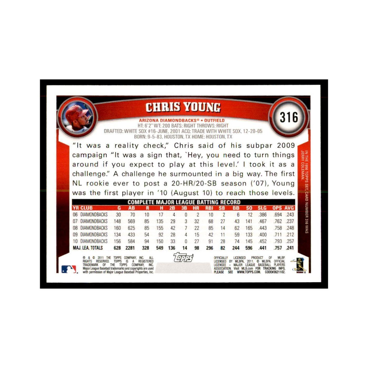 2011 Topps Chris Young Baseball Cards #316