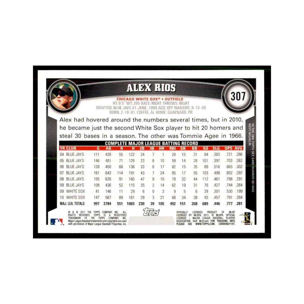 2011 Topps Alex Rios Baseball Cards #307