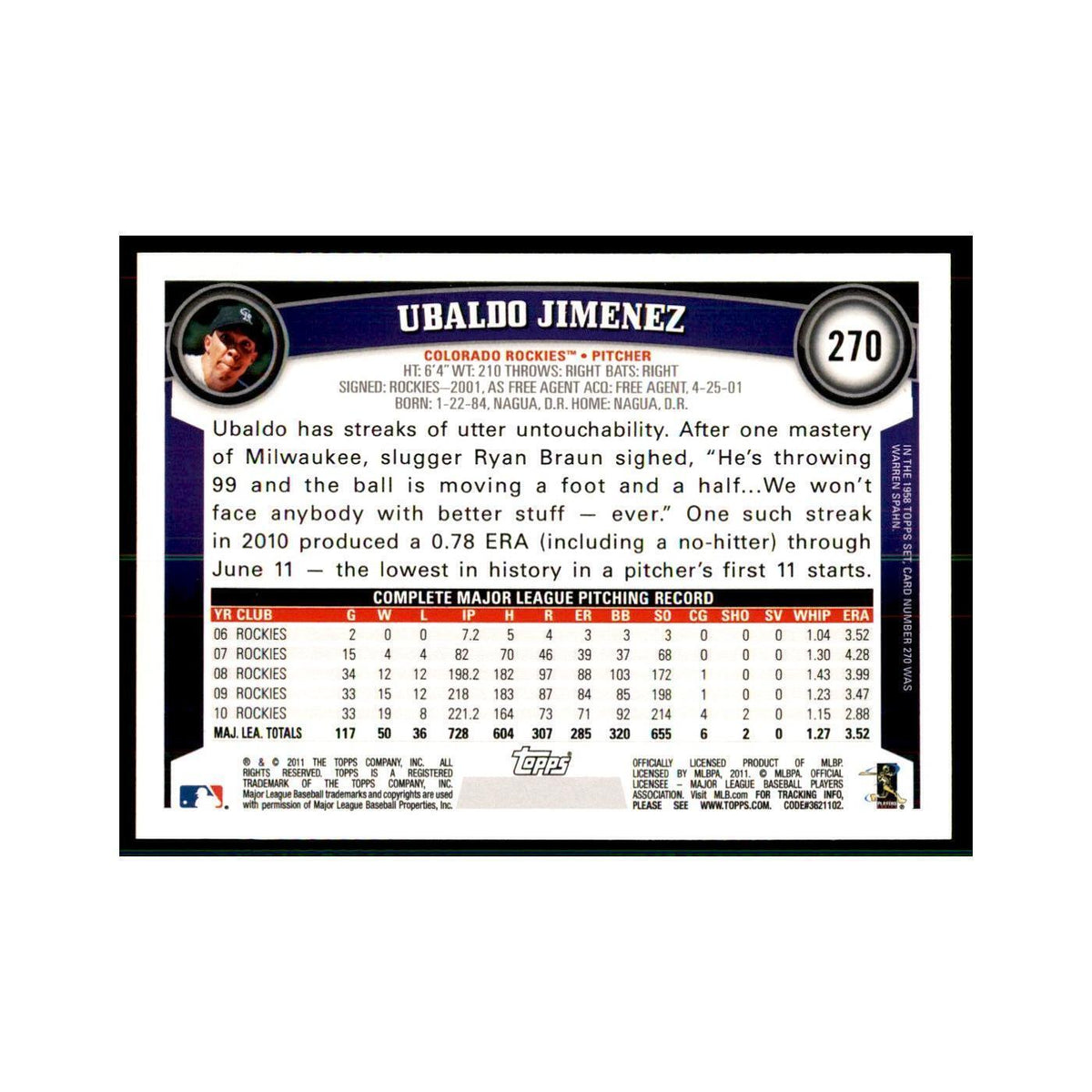 2011 Topps Ubaldo Jimenez Baseball Cards #270
