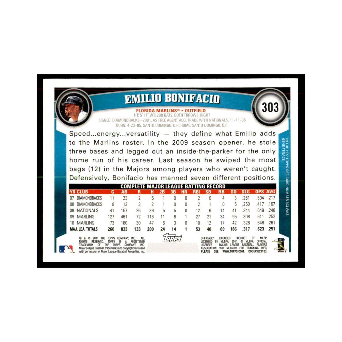 2011 Topps Emilio Bonifacio Baseball Cards #303