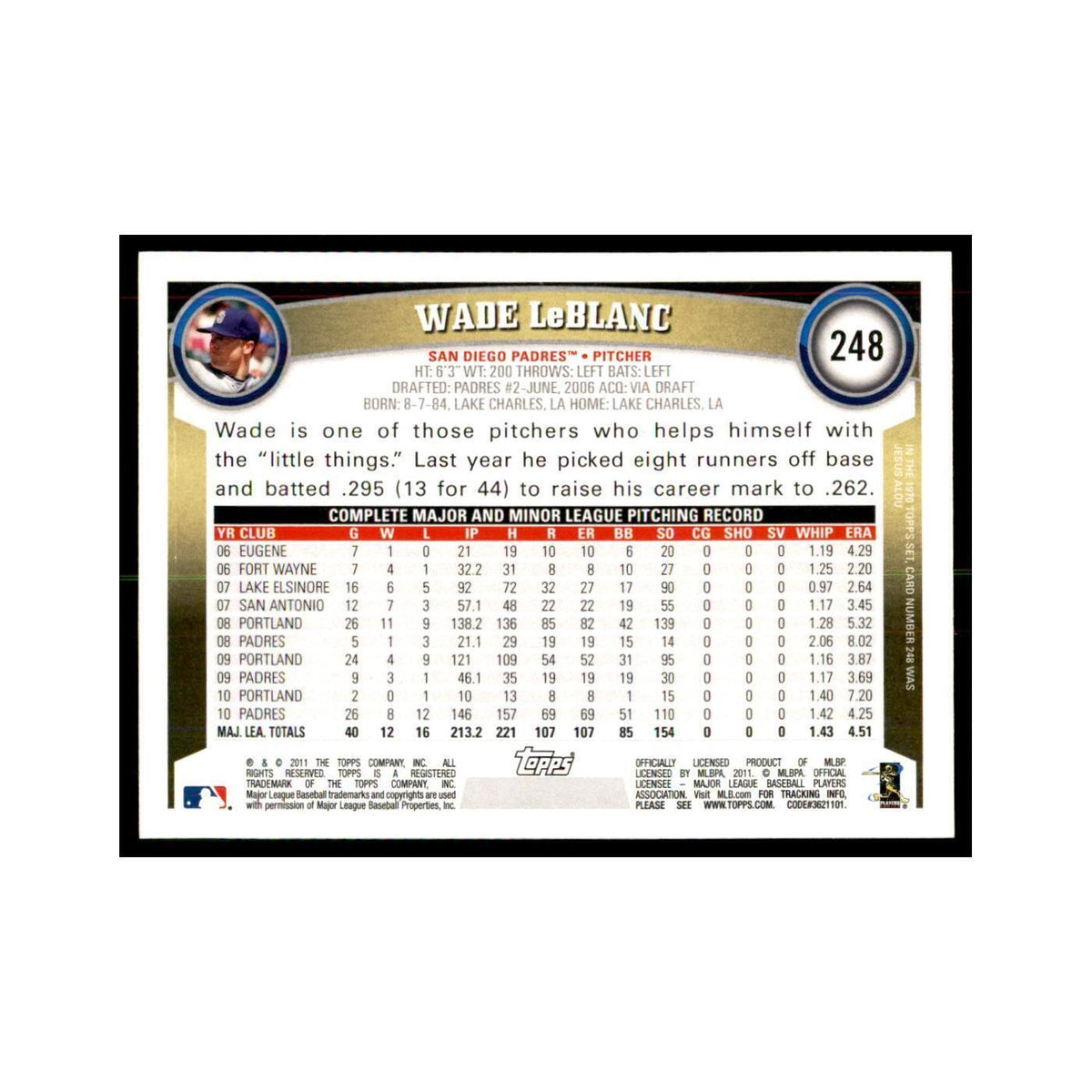 2011 Topps Wade LeBlanc Baseball Cards #248