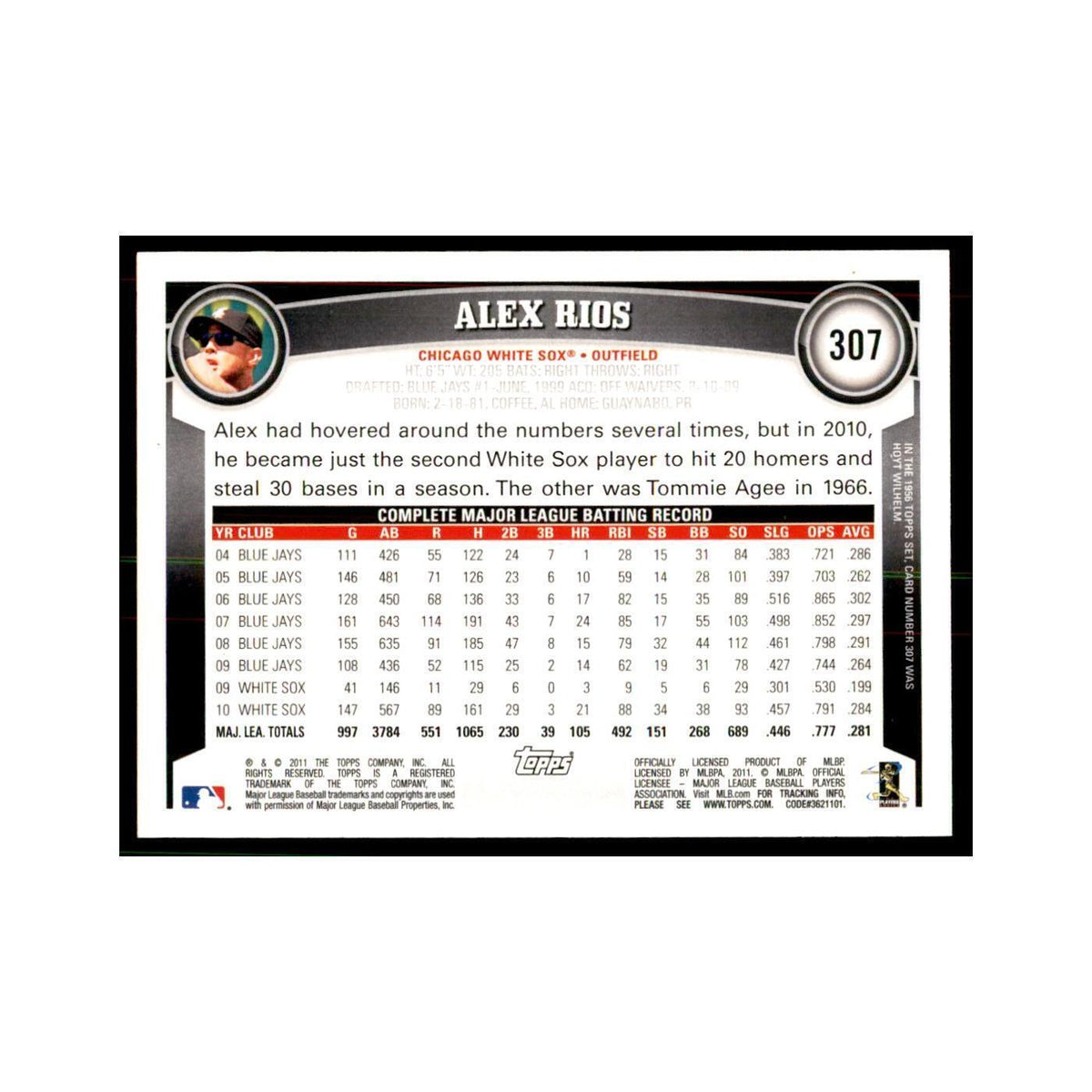 2011 Topps Alex Rios Baseball Cards #307