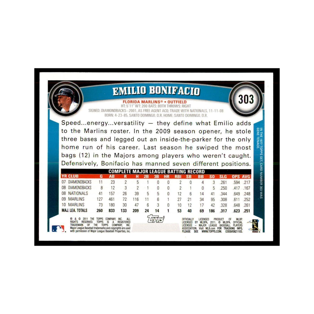 2011 Topps Emilio Bonifacio Baseball Cards #303