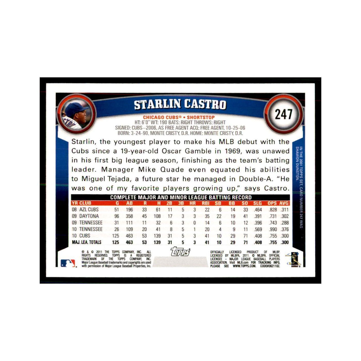 2011 Topps Starlin Castro Baseball Cards #247