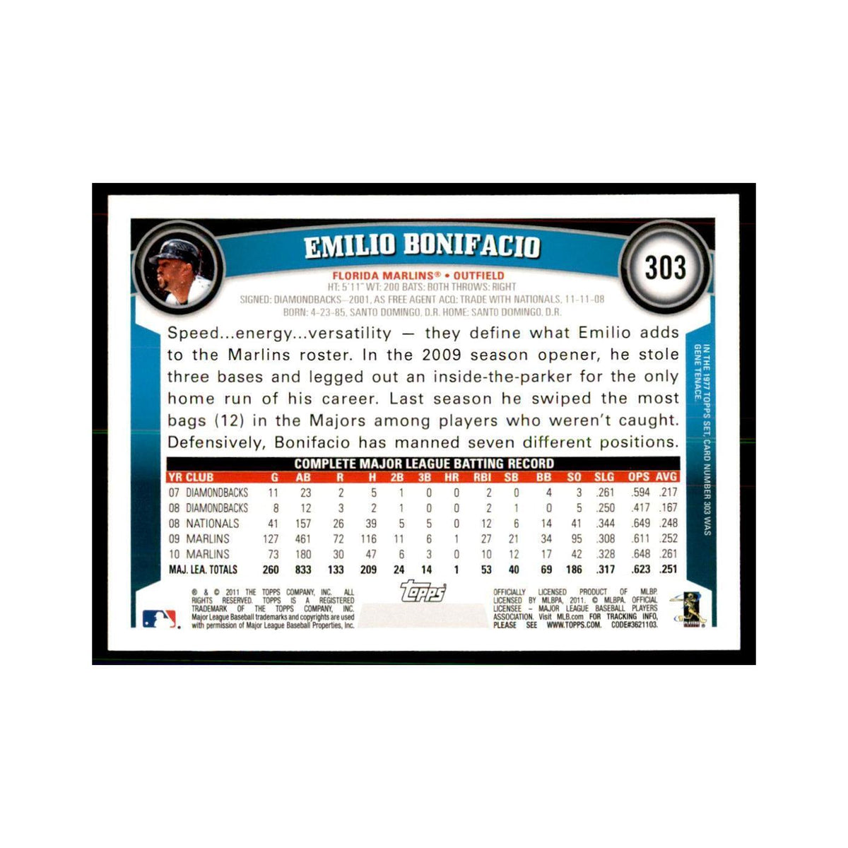 2011 Topps Emilio Bonifacio Baseball Cards #303
