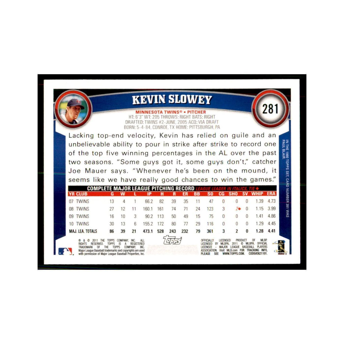 2011 Topps Kevin Slowey Baseball Cards #281