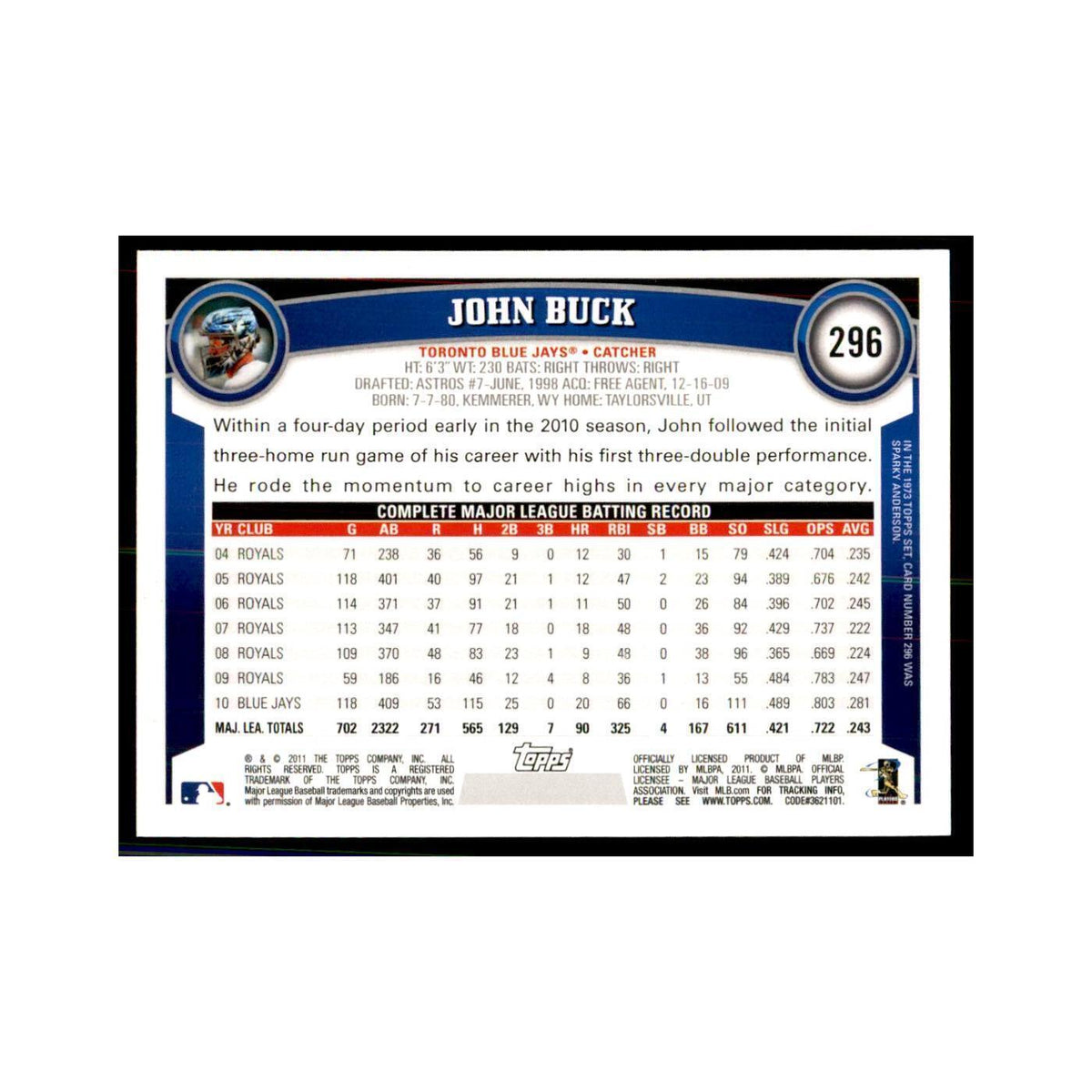 2011 Topps John Buck Baseball Cards #296