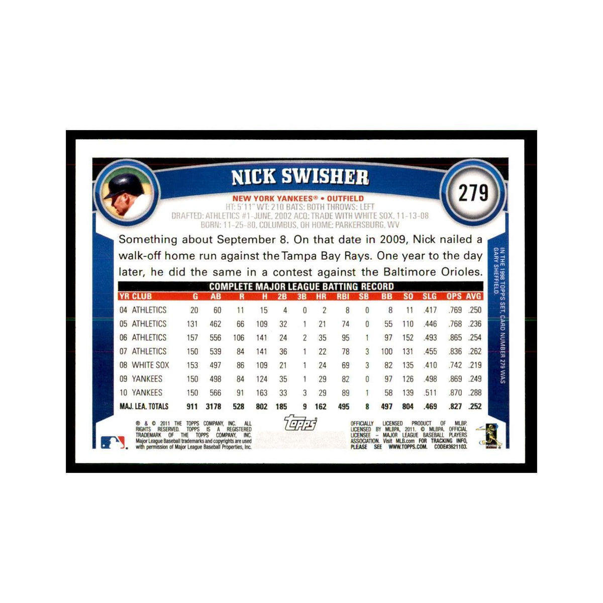 2011 Topps Nick Swisher Baseball Cards #279