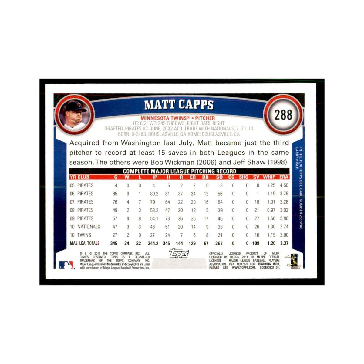 2011 Topps Matt Capps Baseball Cards #288
