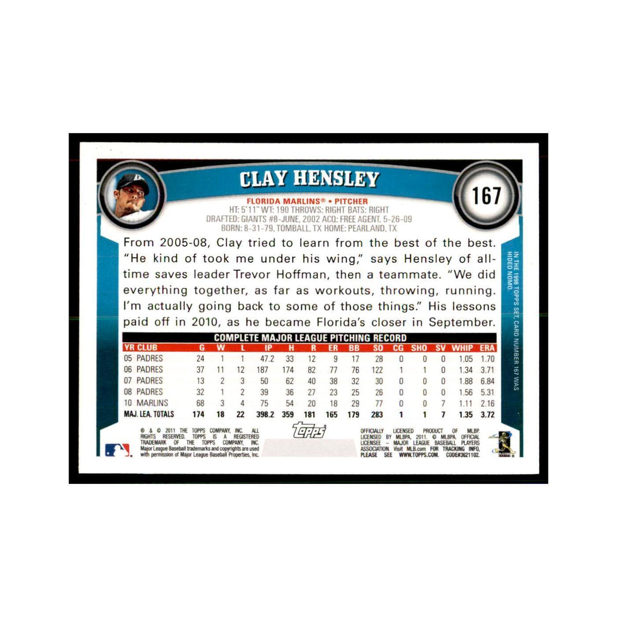 2011 Topps Clay Hensley Baseball Cards #167