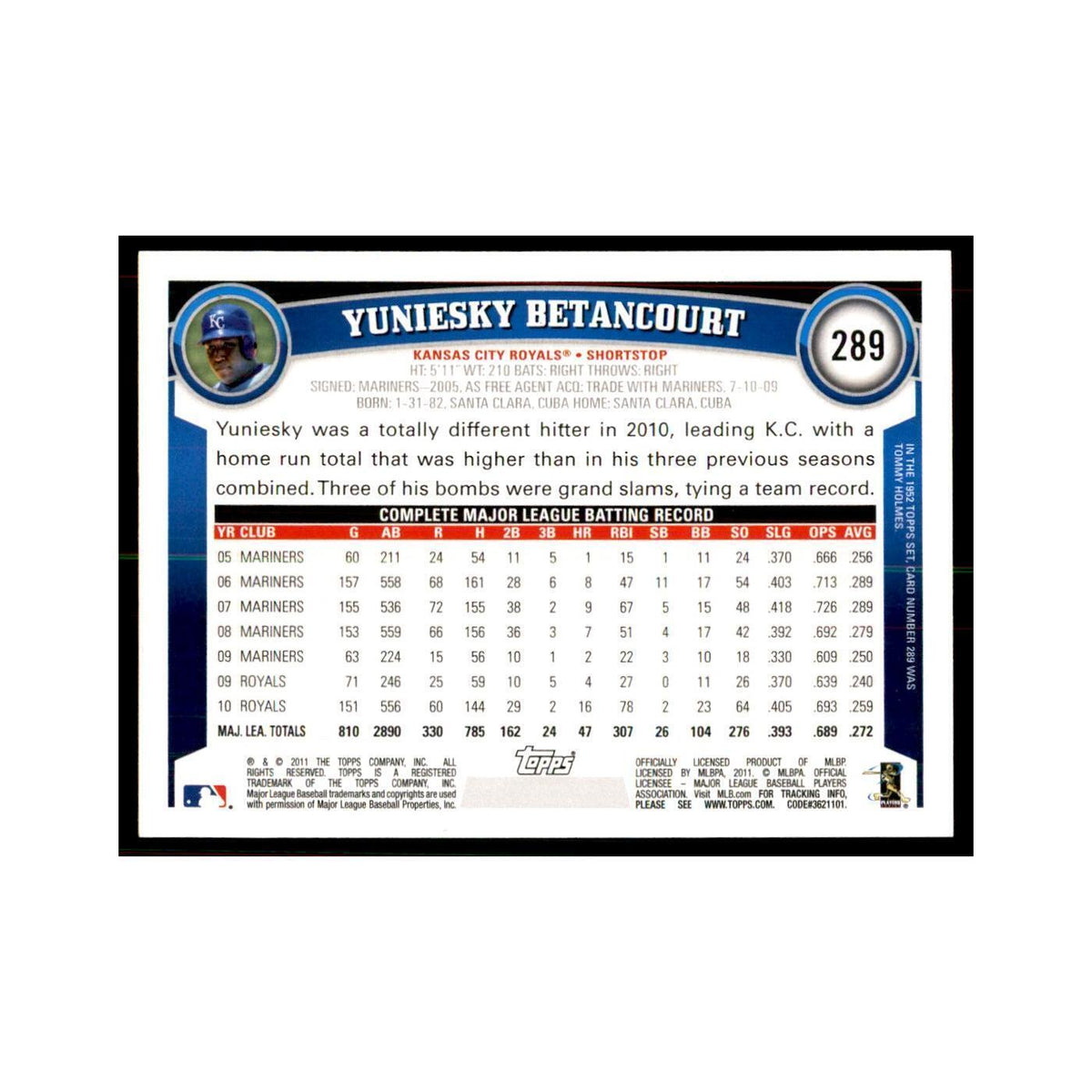 2011 Topps Yuniesky Betancourt Baseball Cards #289