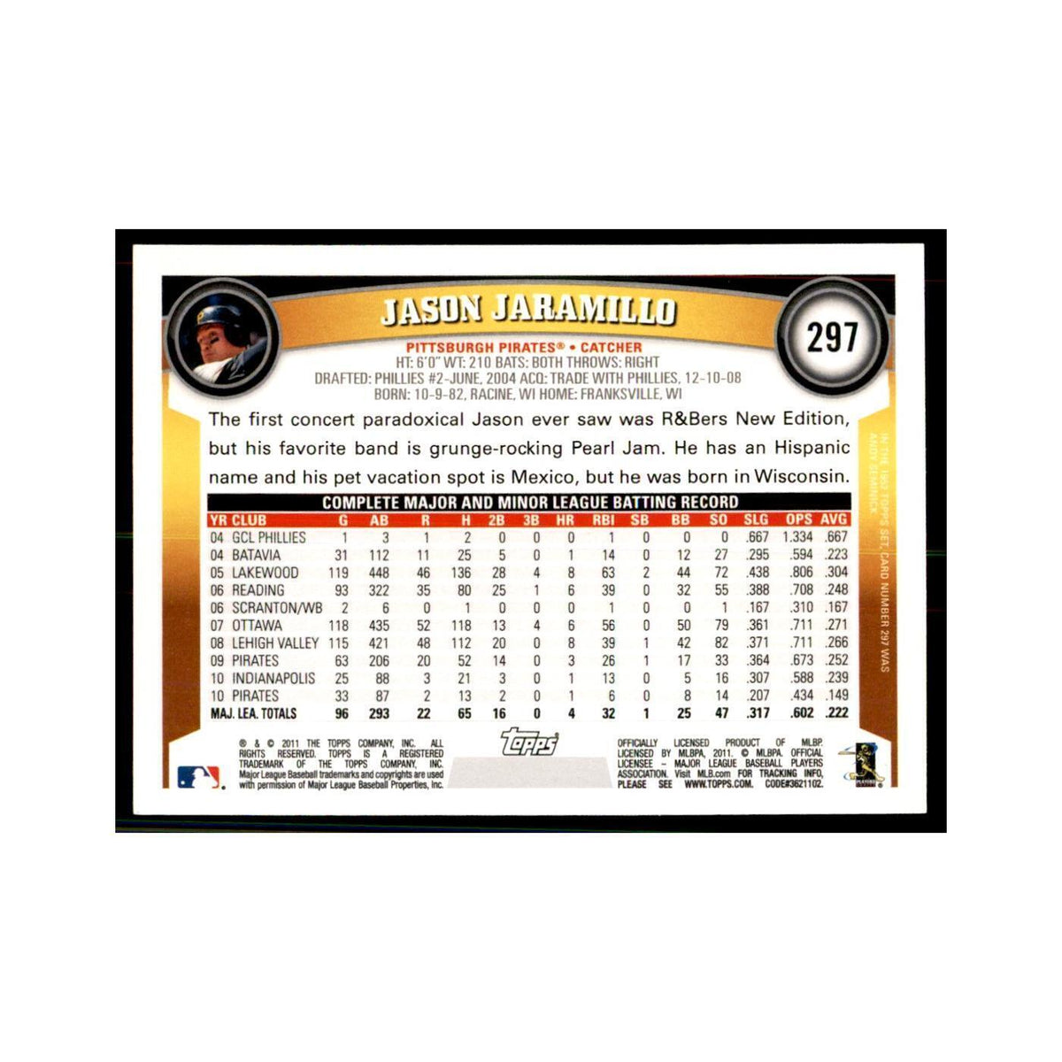 2011 Topps Jason Jaramillo Baseball Cards #297