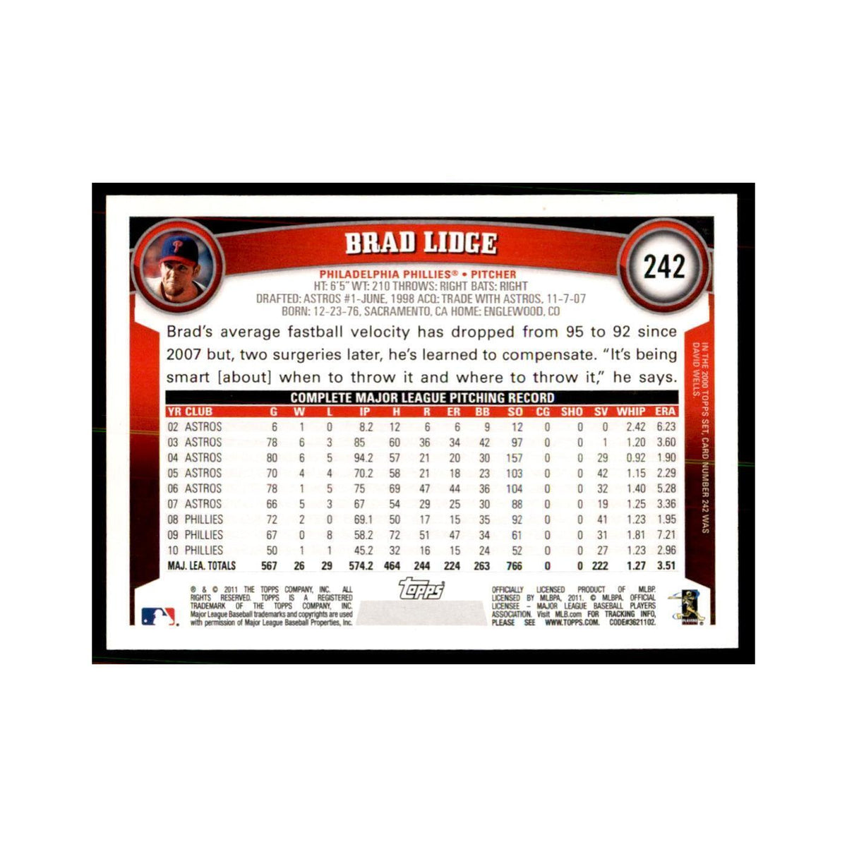2011 Topps Brad Lidge Baseball Cards #242