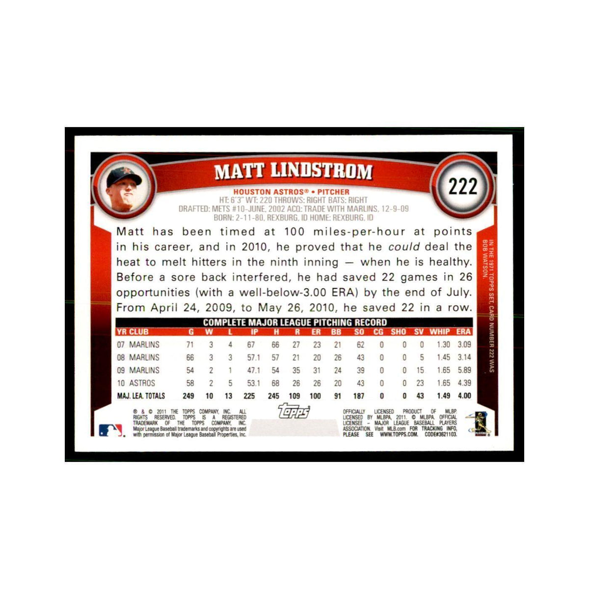 2011 Topps Matt Lindstrom Baseball Cards #222