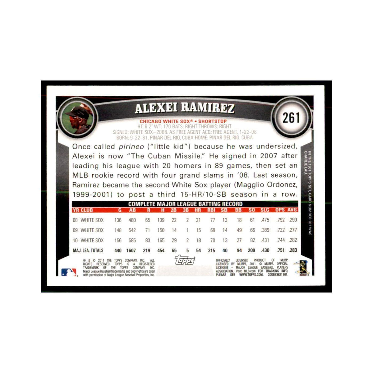 2011 Topps Alexei Ramirez Baseball Cards #261