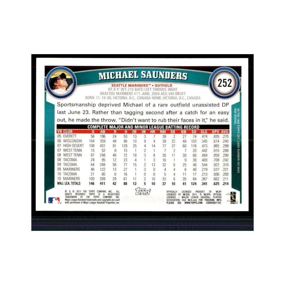 2011 Topps Michael Saunders Baseball Cards #252