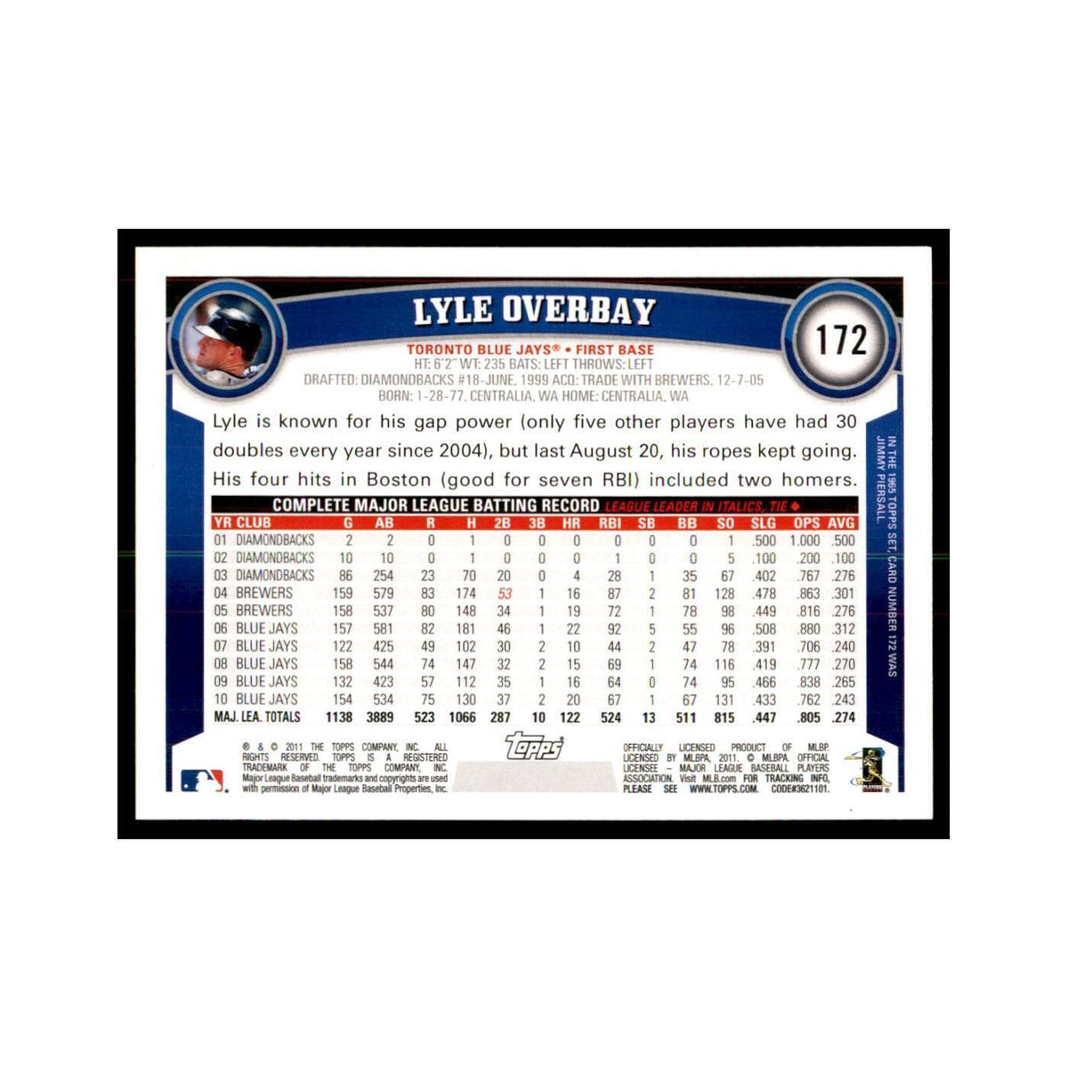 2011 Topps Lyle Overbay Baseball Cards #172