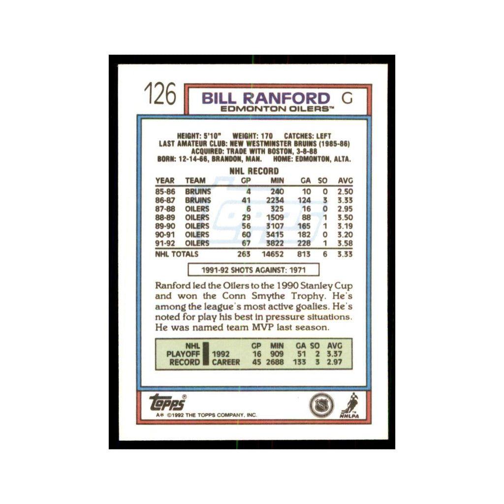 Bill Ranford 1992 Topps #126 Hockey Cards Hockey Card NM