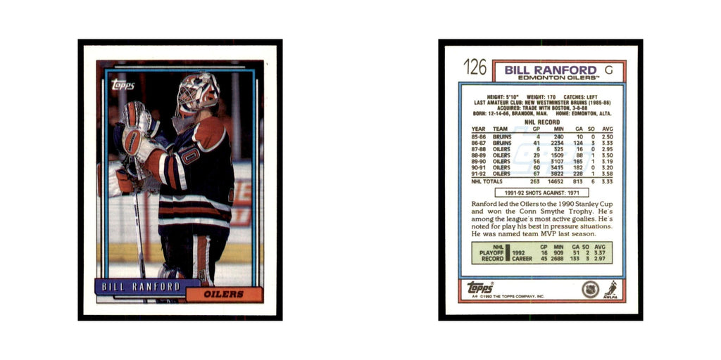 Bill Ranford 1992 Topps #126 Hockey Cards Hockey Card NM