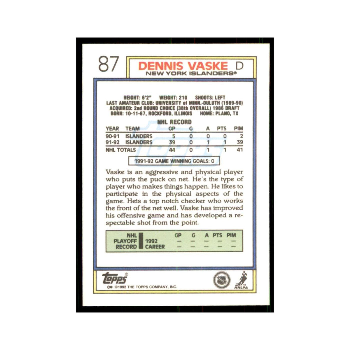 Dennis Vaske 1992 Topps #87 Hockey Cards Hockey Card NM