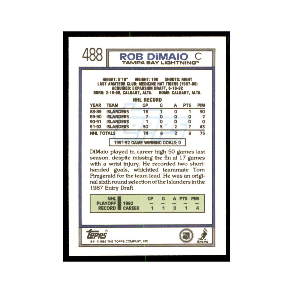 Rob DiMaio 1992 Topps #488 Hockey Cards Hockey Card NM