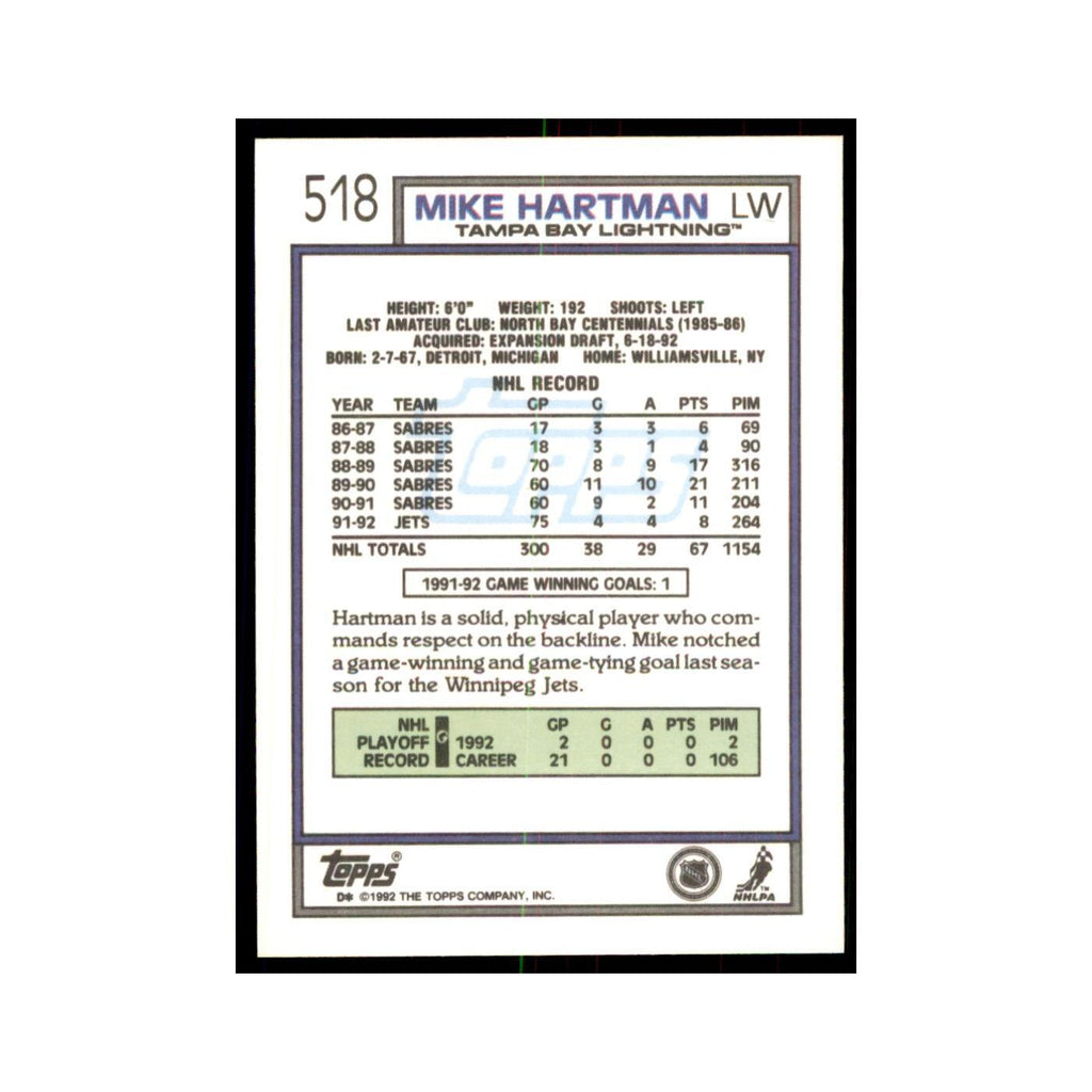 Mike Hartman 1992 Topps #518 Hockey Cards Hockey Card NM