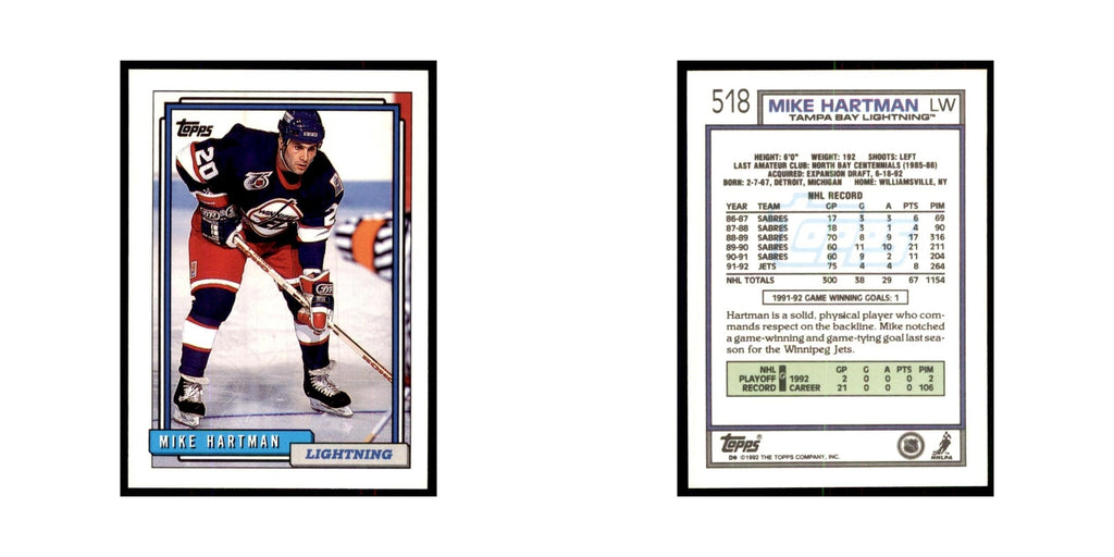 Mike Hartman 1992 Topps #518 Hockey Cards Hockey Card NM