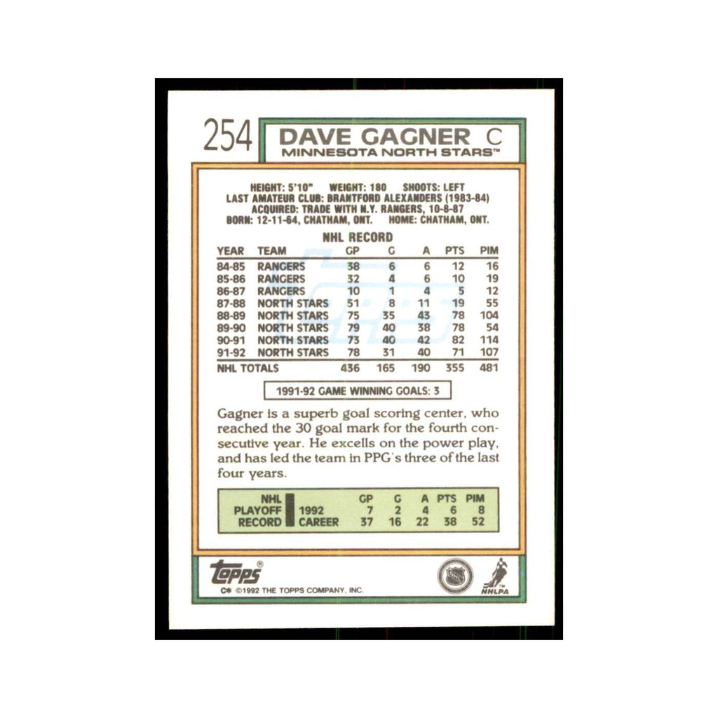 Dave Gagner 1992 Topps #254 Hockey Cards Hockey Card NM