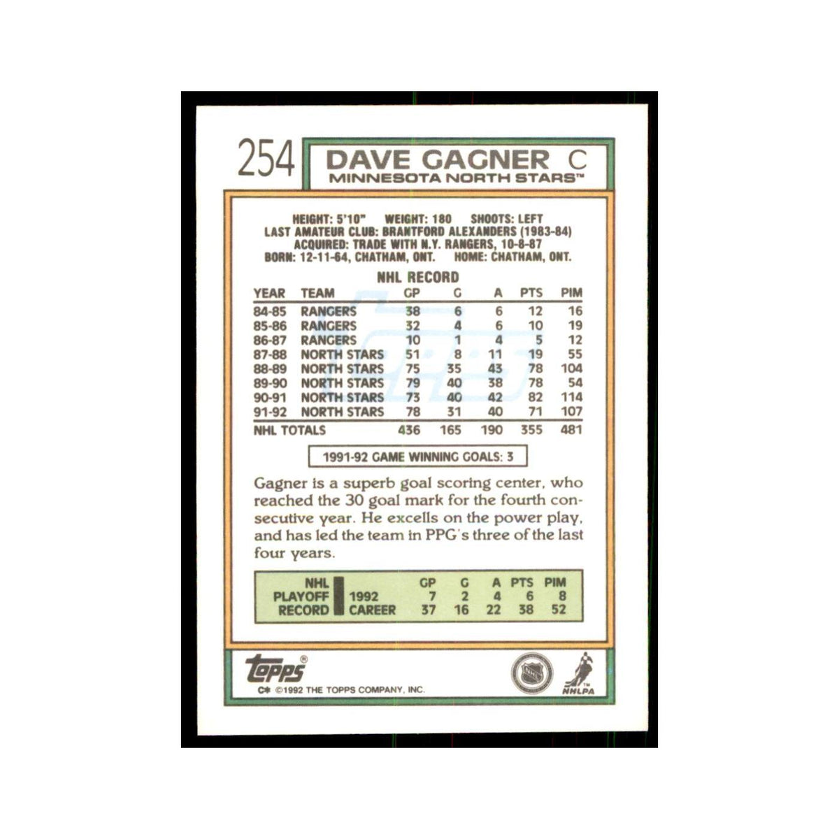 Dave Gagner 1992 Topps #254 Hockey Cards Hockey Card NM