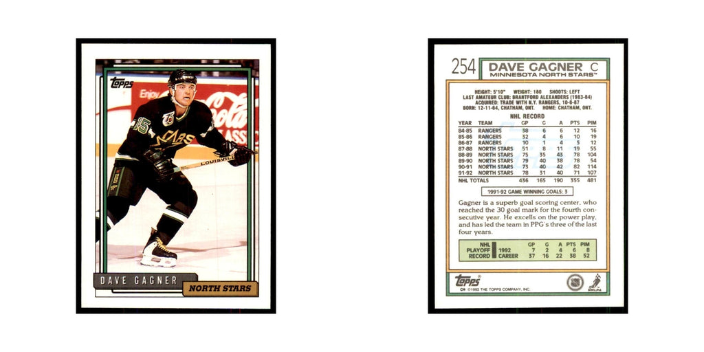 Dave Gagner 1992 Topps #254 Hockey Cards Hockey Card NM