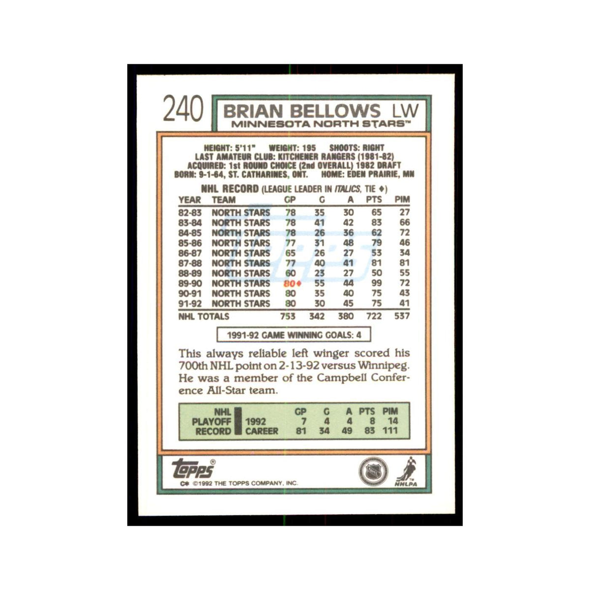 Brian Bellows 1992 Topps #240 Hockey Cards Hockey Card NM