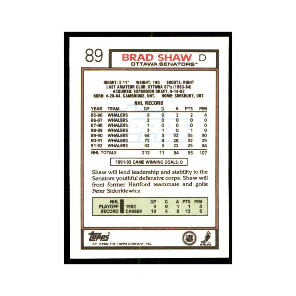 Brad Shaw 1992 Topps #89 Hockey Cards Hockey Card NM